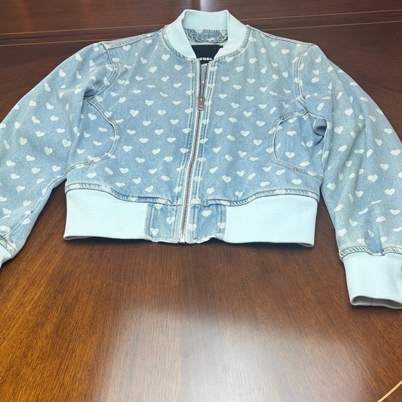 Diesel Light Blue Denim Bomber Jacket with White Heart Print Size S - Picture 2 of 10
